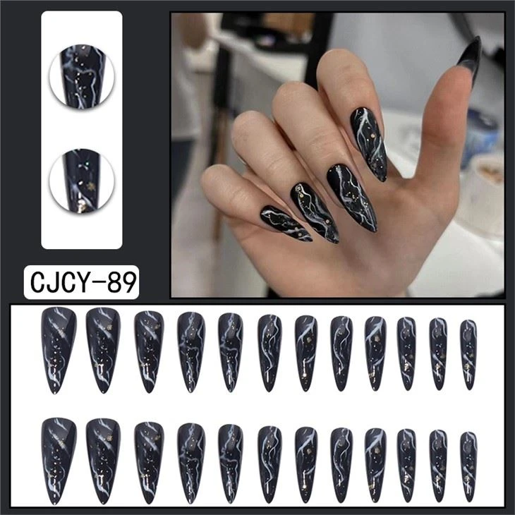 Lång Ballerina Svart Fake Nails Design